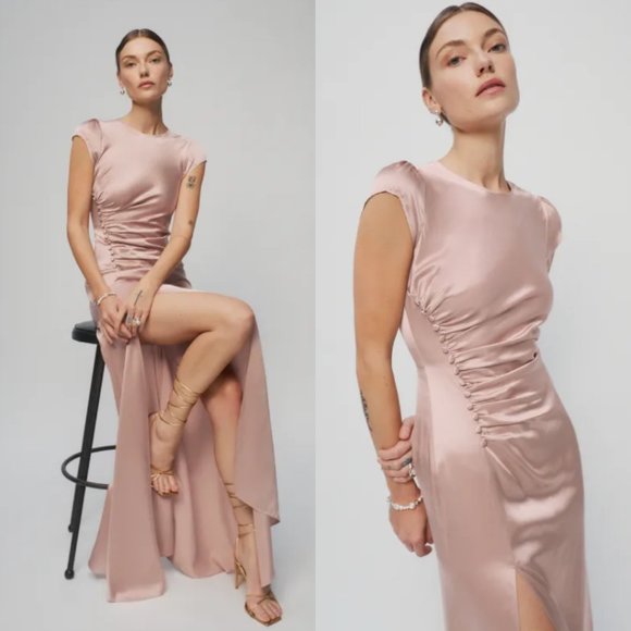 NWT Reformation Birch Maxi Silk Dress Sz 8 Blush Crew Neck Ruched Side Slit - Picture 1 of 10